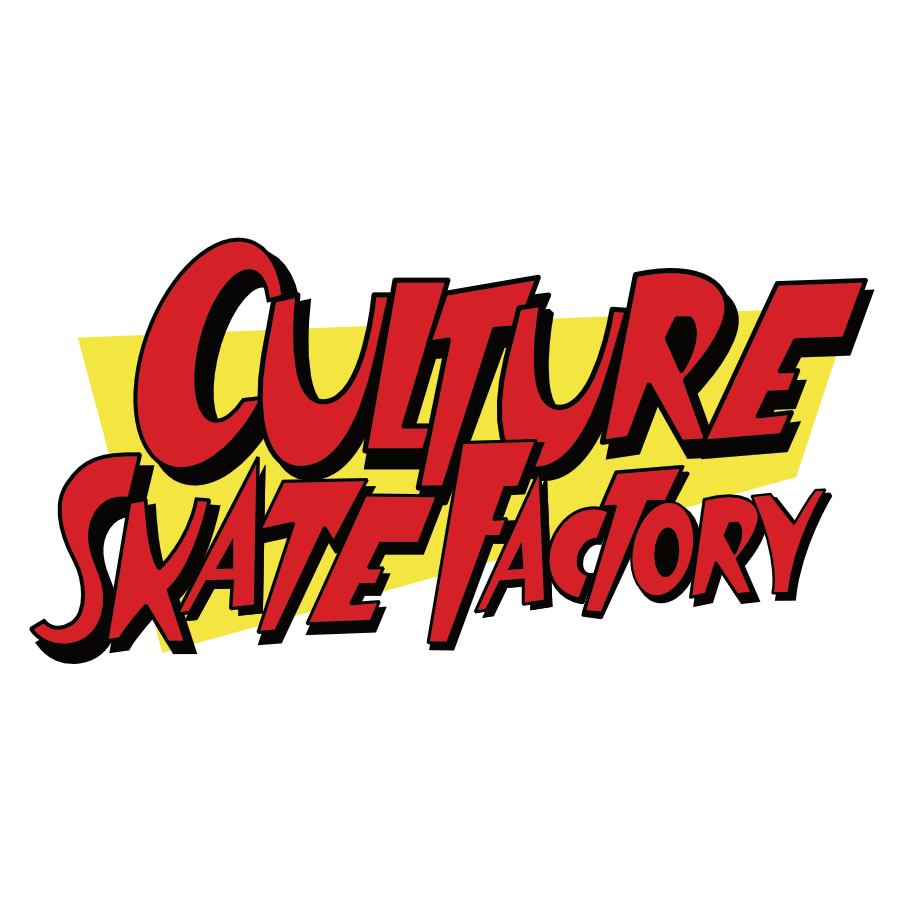 Culture Skate Factory logo, red script lettering on a yellow banner