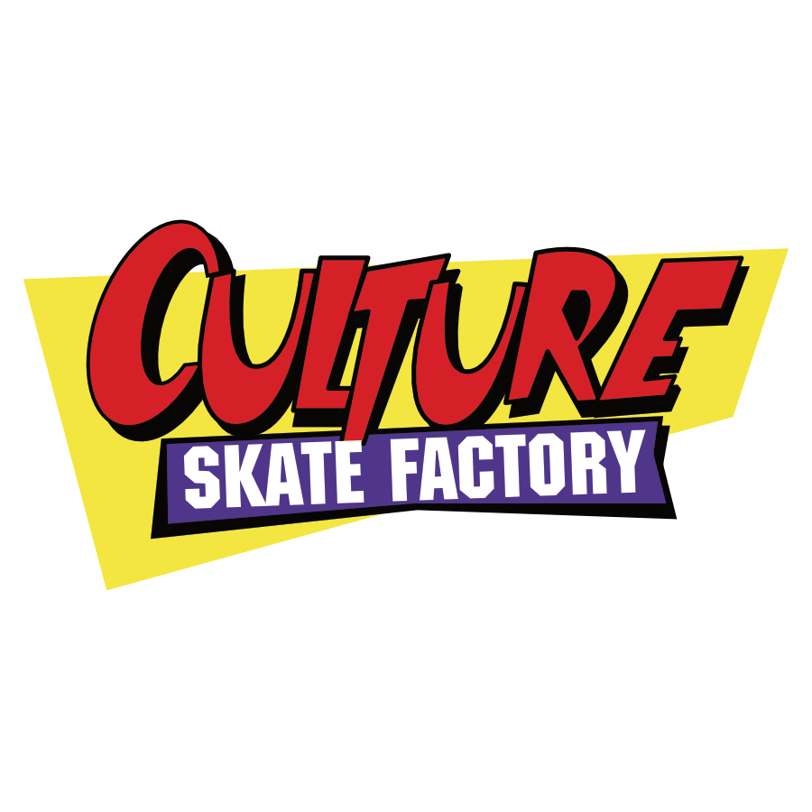 Culture Skate Factory logo, red script Culture with Skate Factory in a purple bar