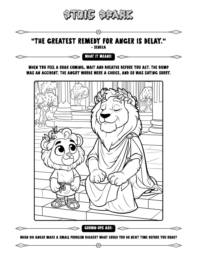 A Stoic Spark page with a quote and a question for grown-ups