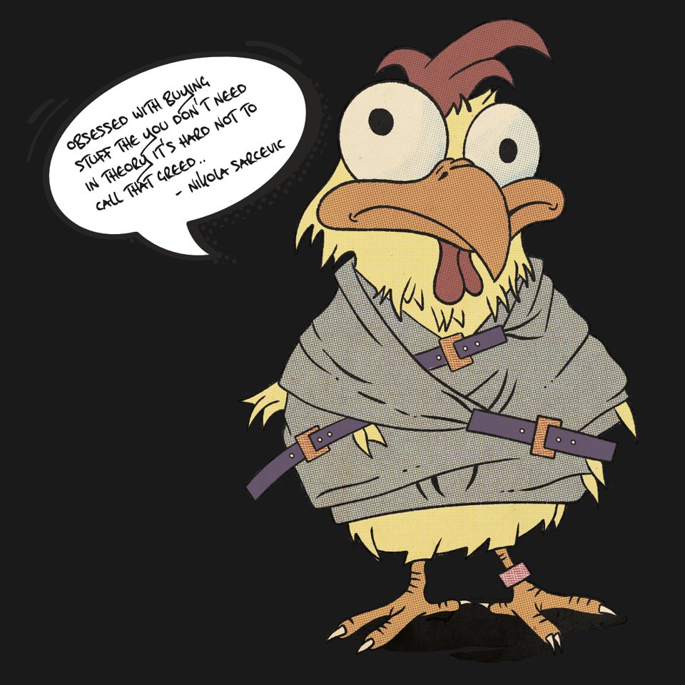 Psycho Chicken comic illustration, restrained in a straitjacket, with a speech bubble quote about being obsessed with buying things you don't need