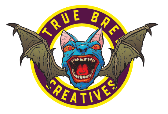 True Brew Creatives circular badge mark, full color, with a screaming bat-eared creature at center