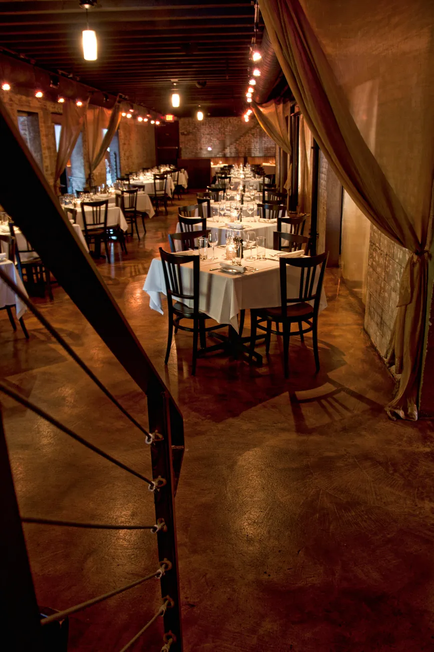Indoor dining hall down the stairs