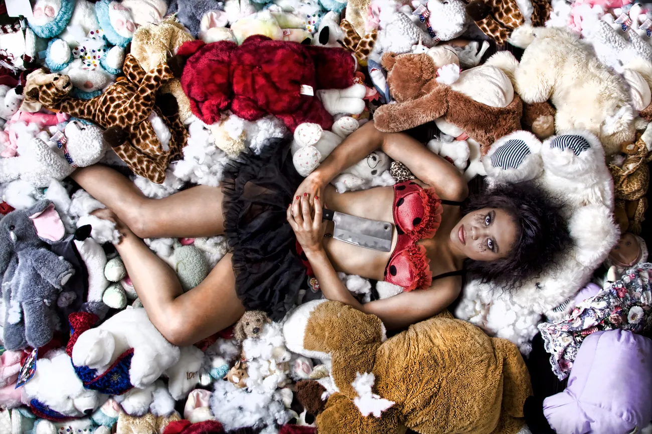 Overhead, sprawled across the toys